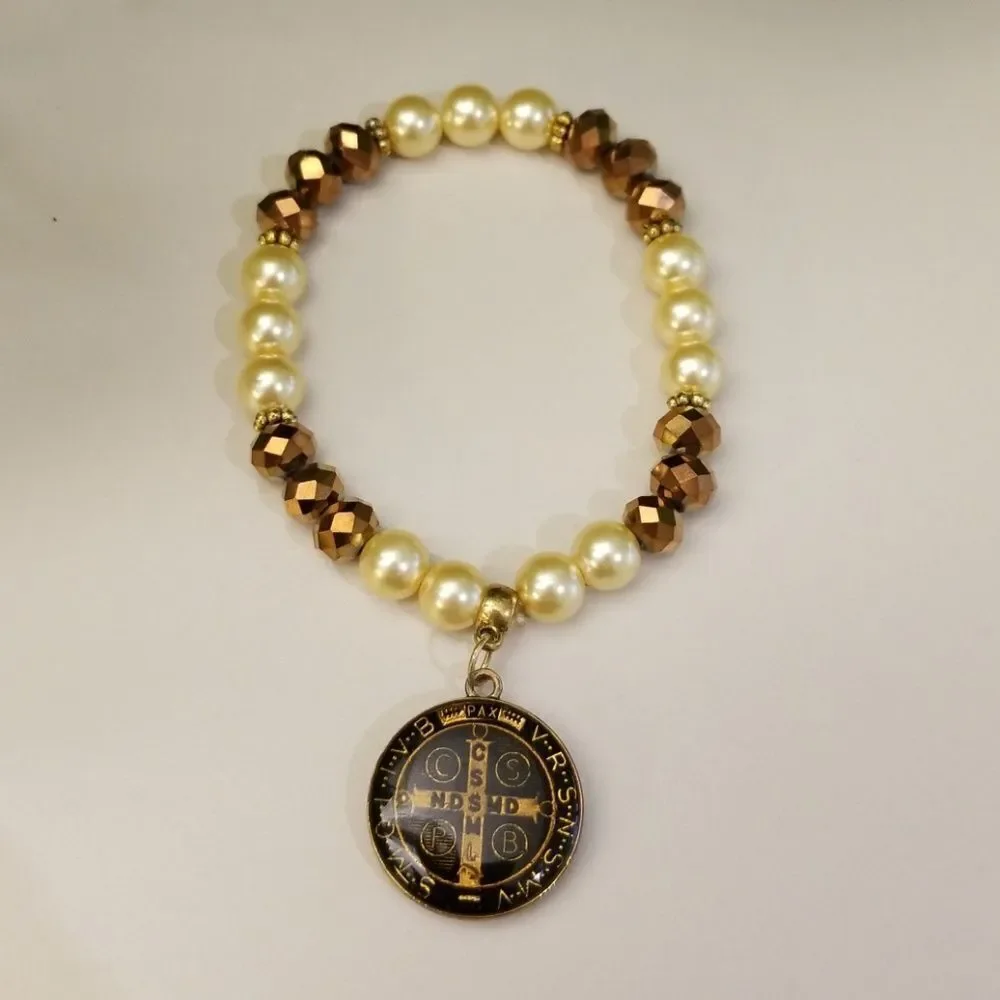 Handmade pearl and gold St.Benedict charm bracelet